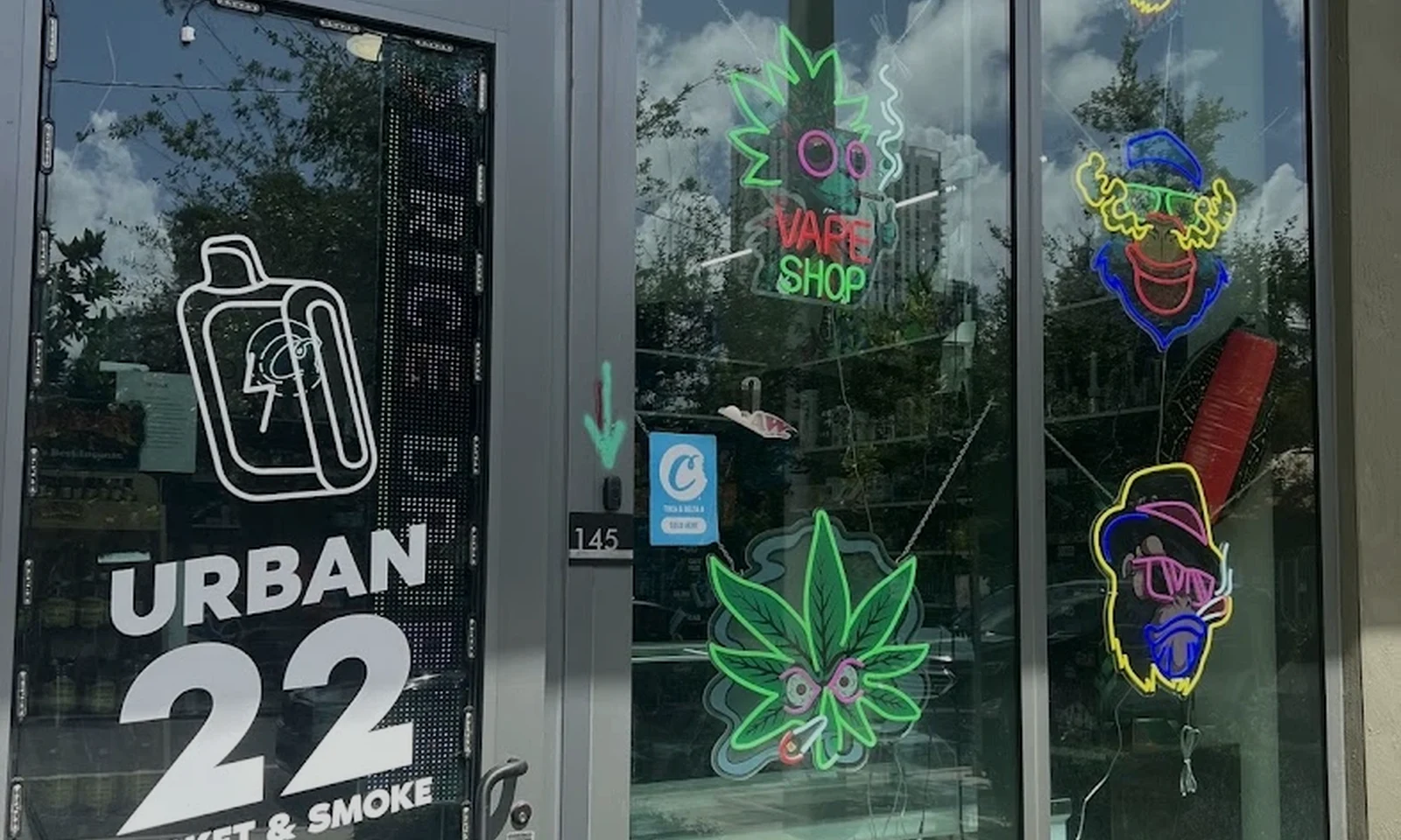 Edgewater canopy and storefront atmosphere at Urban 22 Market and Smoke